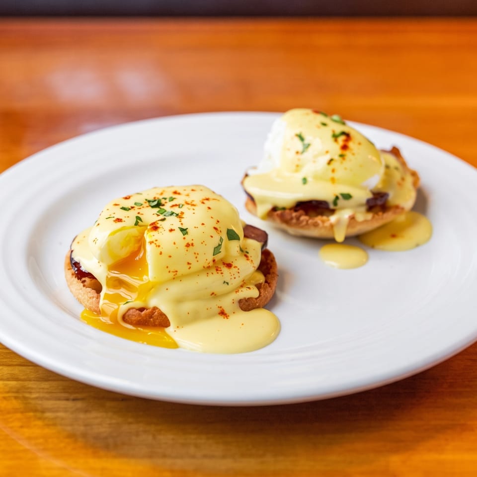 Two eggs Benedict topped with creamy hollandaise, herbs, and paprika on a white plate atop a wooden table.