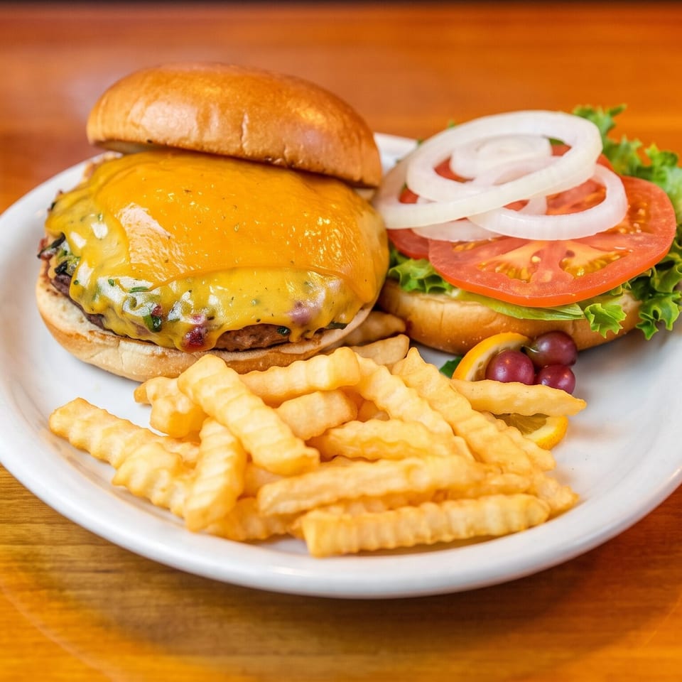 Cheeseburger and lettuce, tomato, and onion burger served with crinkle-cut fries on a white plate.