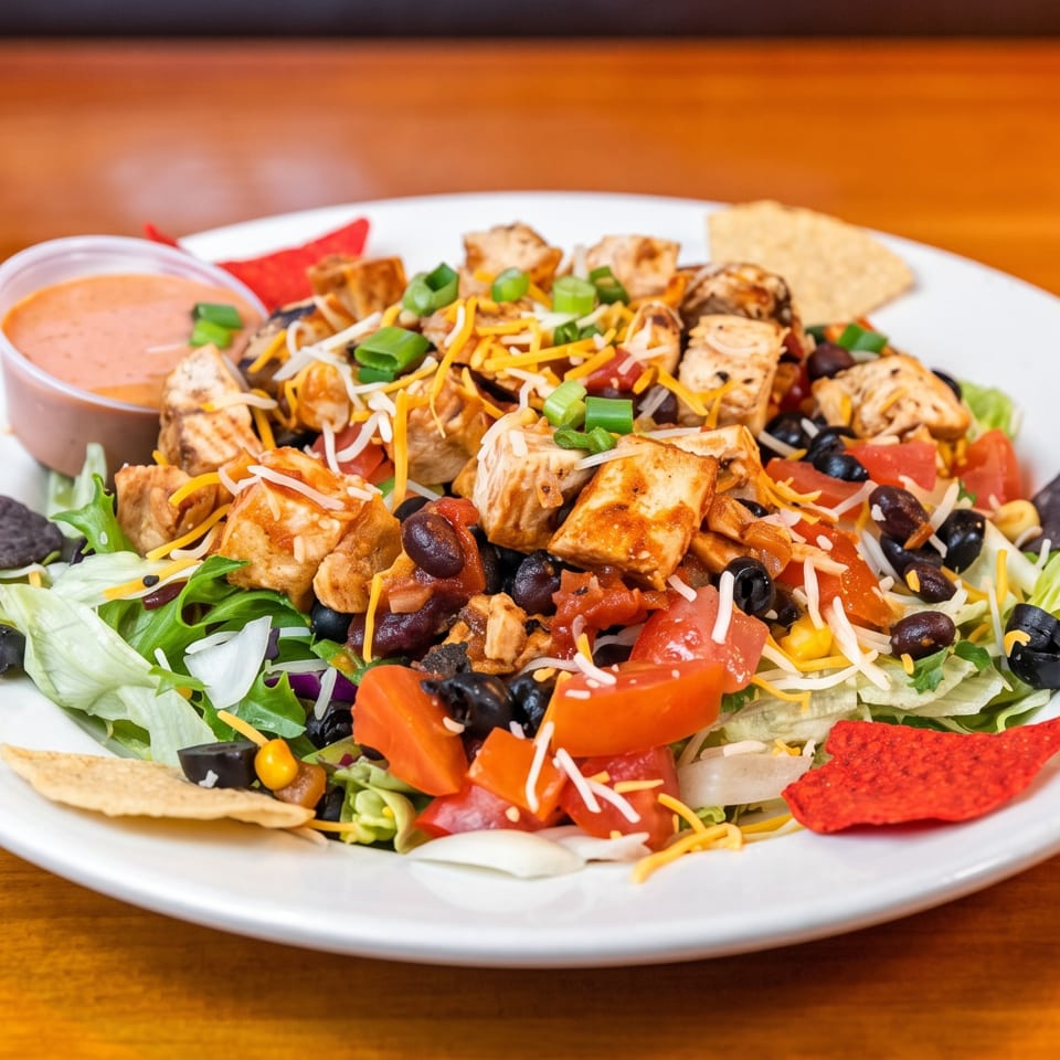Loaded taco salad with grilled chicken, black beans, tomatoes, lettuce, shredded cheese, tortilla chips, and creamy dressing.